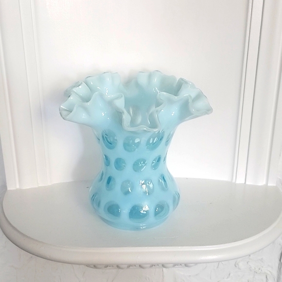 Fenton Other - Fenton Blue Opalescent Coin Dot Vase Ruffled Edge cut to clear, 6 Inch Tall